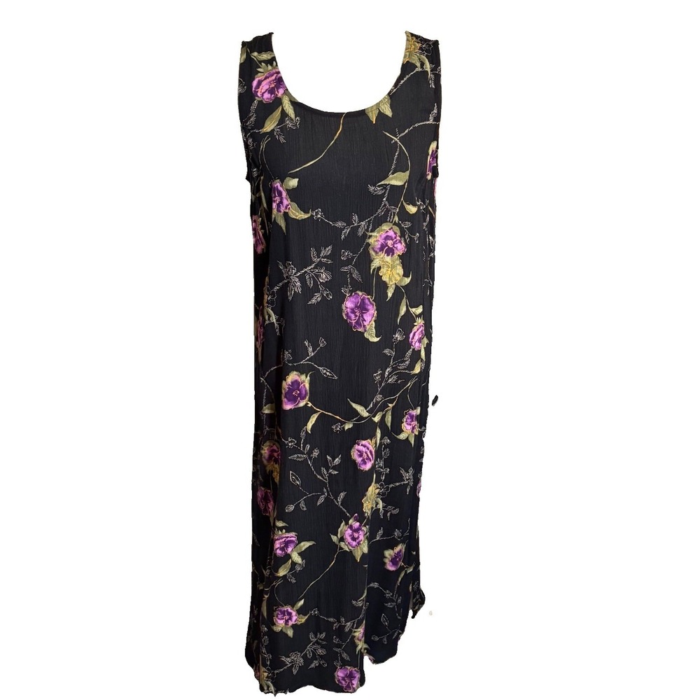 Vintage Kathie Lee Crinkle Knit Floral Maxi Dress Medium Dark Romantic NWT